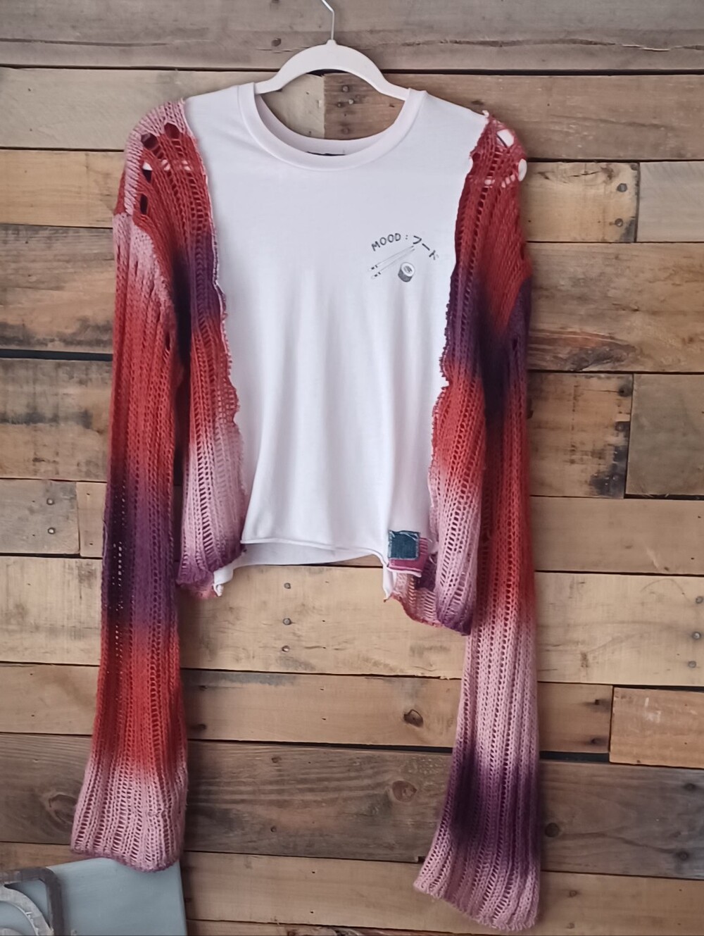 Upcycled White Tee with Gradient Knit Shrug  Sleeves